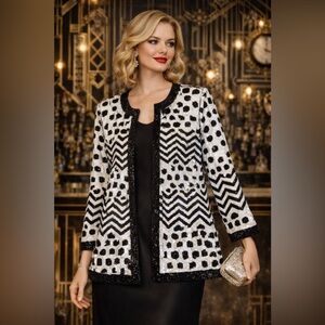 Vintage Patra Black & White Geometric Sequin Open Duster Deco Glam Blazer Jacket
